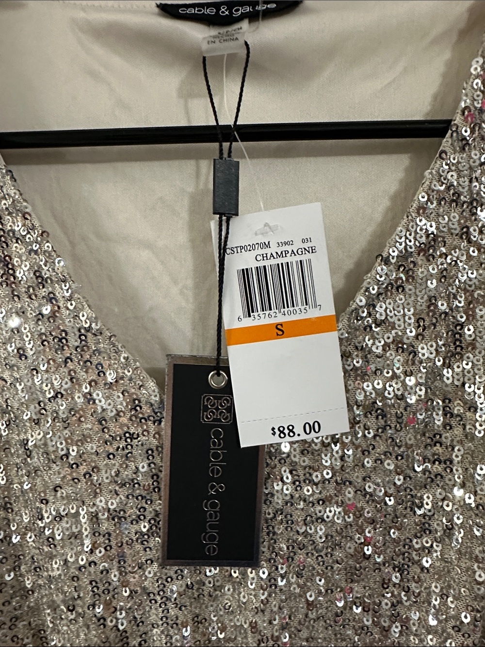Cable & Gauge Champagne Sequin Twist-Front V-Neck Blouse - Picture 2 of 3
